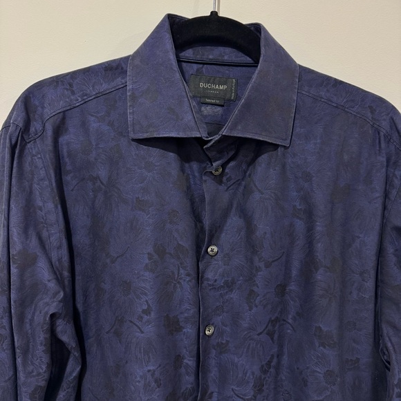Duchamp London navy black floral embossed button down shirt size 43 neck 17 - Picture 2 of 3